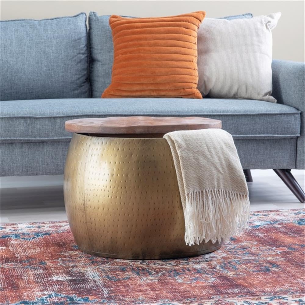 MAKLAINE Large Hammered Metal Drum Table with Storage, Brass Finish, Solid Mango Wood Top, 27.5 in Diameter, Handcrafted Accent Table for Living Room or Bedroom Use