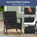 Tangkula 3 Pieces Rocking Bistro Set, Patiojoy Outdoor PE Rattan Rocker Chairs with Removable Cushions & Tempered Glass Top Coffee Table, Outdoor Wicker Furniture Set for Porch, Garden (Black)