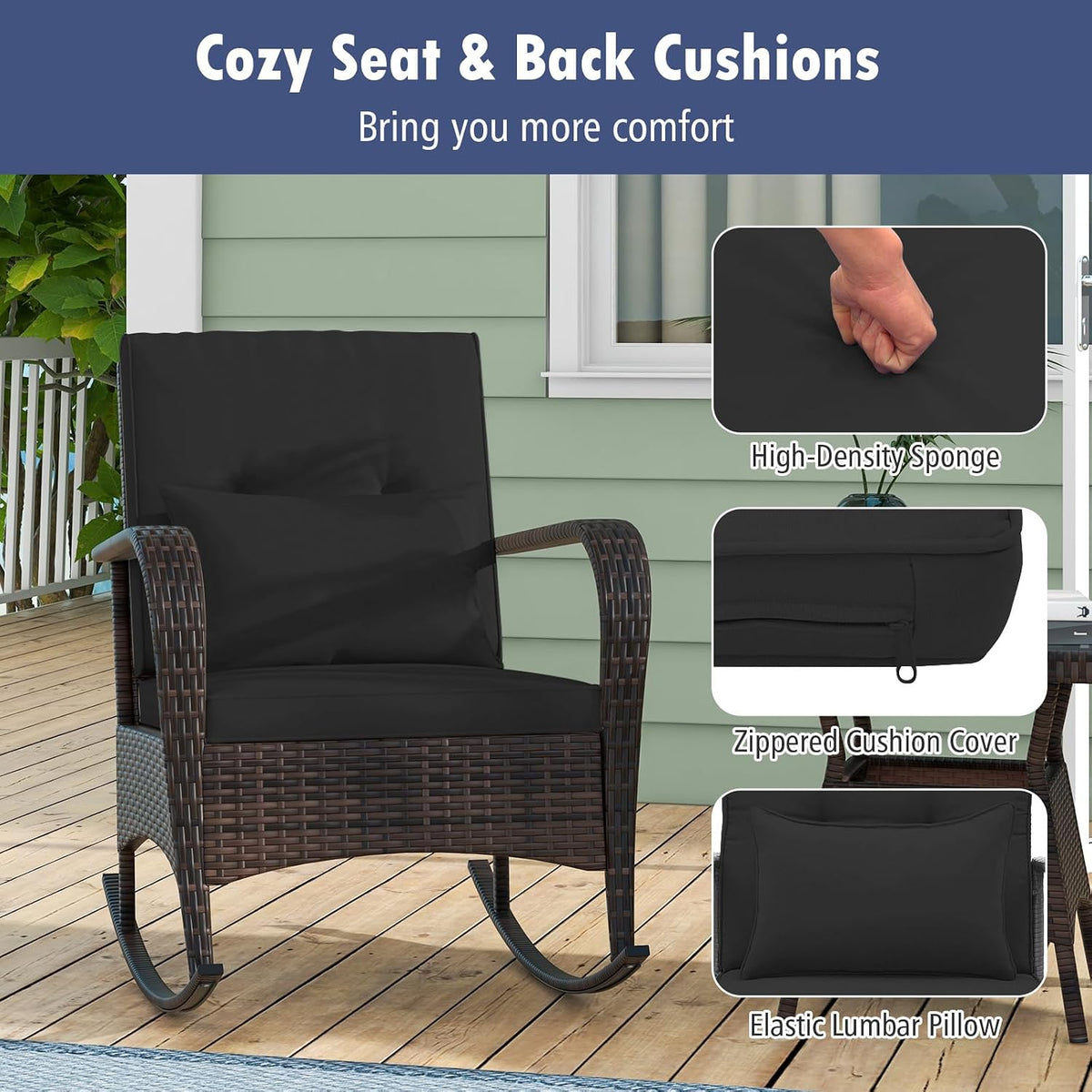 Tangkula 3 Pieces Rocking Bistro Set, Patiojoy Outdoor PE Rattan Rocker Chairs with Removable Cushions & Tempered Glass Top Coffee Table, Outdoor Wicker Furniture Set for Porch, Garden (Black)