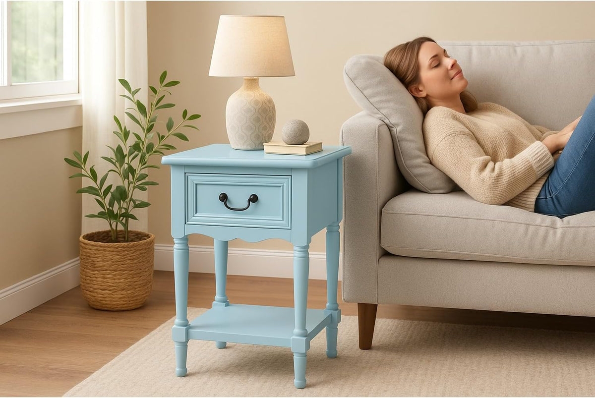 Urban Designs Wooden Accent Table/Nightstand with Drawer and Bottom Shelf – 29" H, 16" L x 16" W - Light Blue