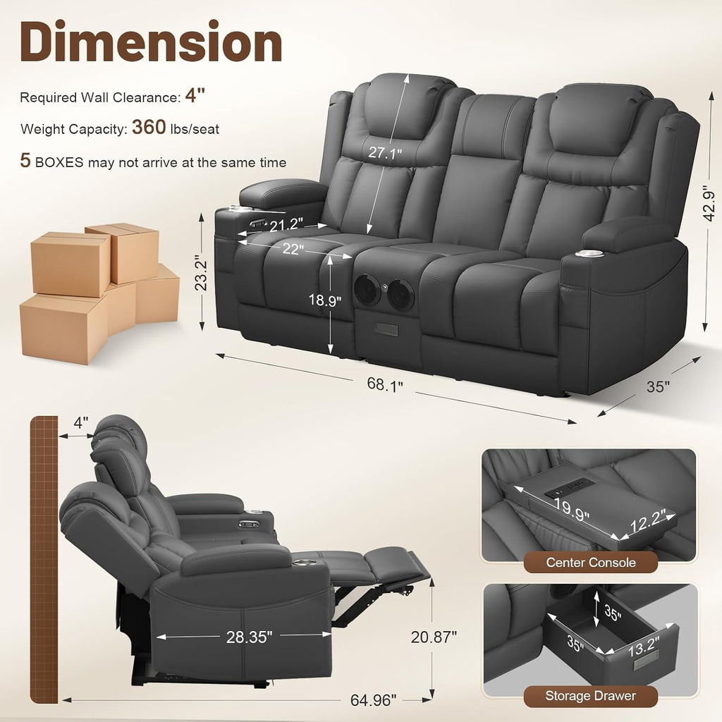 Power Loveseat Recliner Sofa with Console, Wall Hugger Reclining Loveseat with Reading Light, Home Theater Seating with LED Lights, Zero Gravity Recliner Couch for RV Couch and Living Room