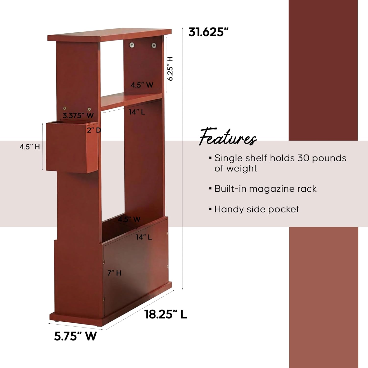 Kings Brand Furniture Narrow Side Table with Storage Shelf, Slim End Table with Magazine & Remote Holder, Small Space Bedside Table for Living Room or Bedroom, Red