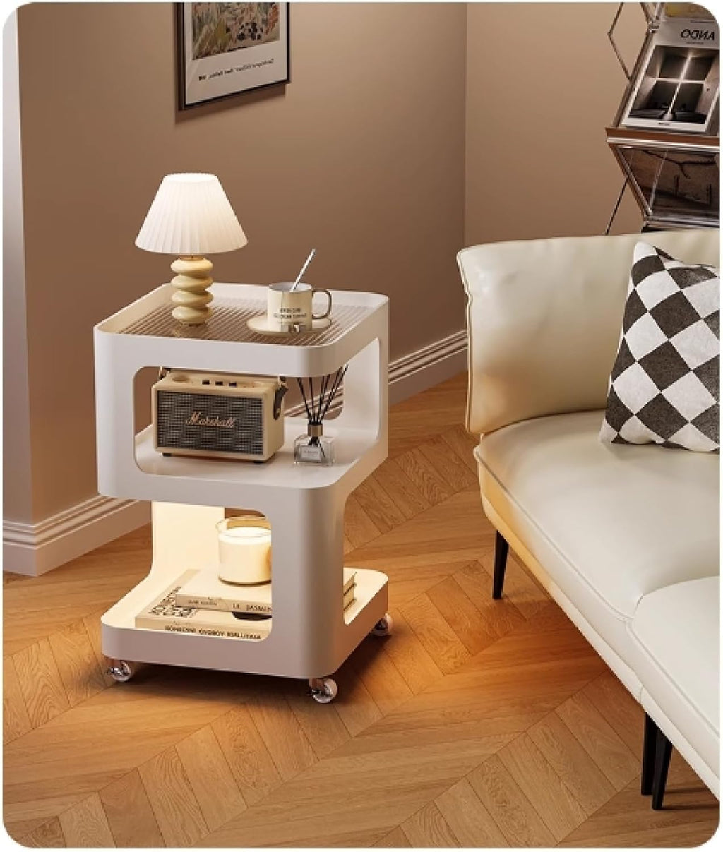 3-Tier End Table,Sofa End Can Rotate Square End Side Tables Glass Top Coffee Table with Sensor Light Accent Bedside Table with Storage Shelf Nightstand for Bedroom,Living Room,Kitchen,Bathroom