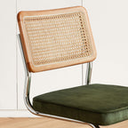 GrandNoor Rattan Dining Chairs Set of 4, Wooden Mid Century Modern Dining Room Chairs, Mesh Back Cane Kitchen Chair, Cesca Design Chairs with Metal Chrome Legs, Green