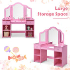 INFANS Kids Vanity, 2 in 1 Princess Makeup Desk and Chair Set with Drawers Tri-Folding Detachable Mirror Large Storage Shelves, Wooden Dressing Table, Pretend Play Vanity Set for Toddler Girls