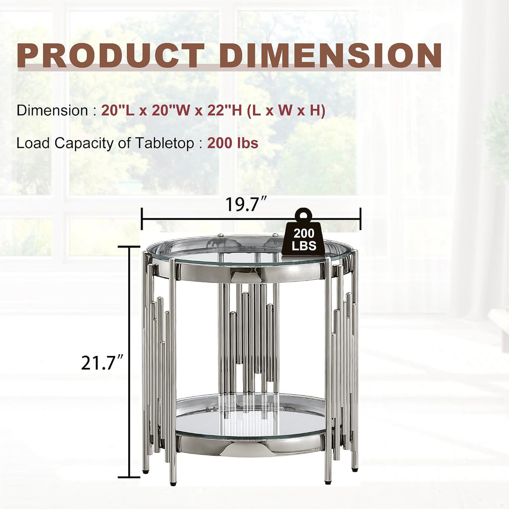 Round Glass End Table, 2-Tier Small Side Table with Tempered Glass Top and Sliver Stainless Steel Legs, Elegant Sofa Accent Table for Living Room, Bedroom, Easy to Assembly