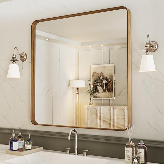 LOAAO 38X38 Inch Bathroom Mirror with Wood Grain Colored Metal Frame, Rounded Rectangle Metal Framed Bathroom Mirror, Anti-Rust, Hangs Horizontally or Vertically, Tempered Glass