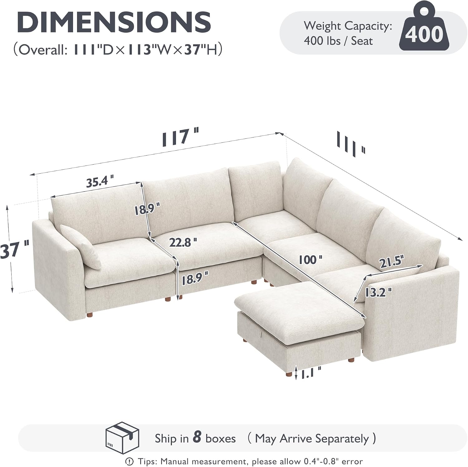 Ihanherry 111" Oversized Modular Sectional Sofa, Modern V Shaped Cloud Couch with Storage Ottoman, 6-Seat Comfy Chenille Deep Seat Sofa with 2 Pillows for Living Room, Beige
