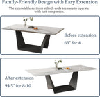 Modern Expandable Dining Table - 63" to 95" Extendable Dining Room Table for 6-12, Glossy White Sintered Stone Top with Black Carbon Steel Base, Easy Assembly Kitchen Table Only