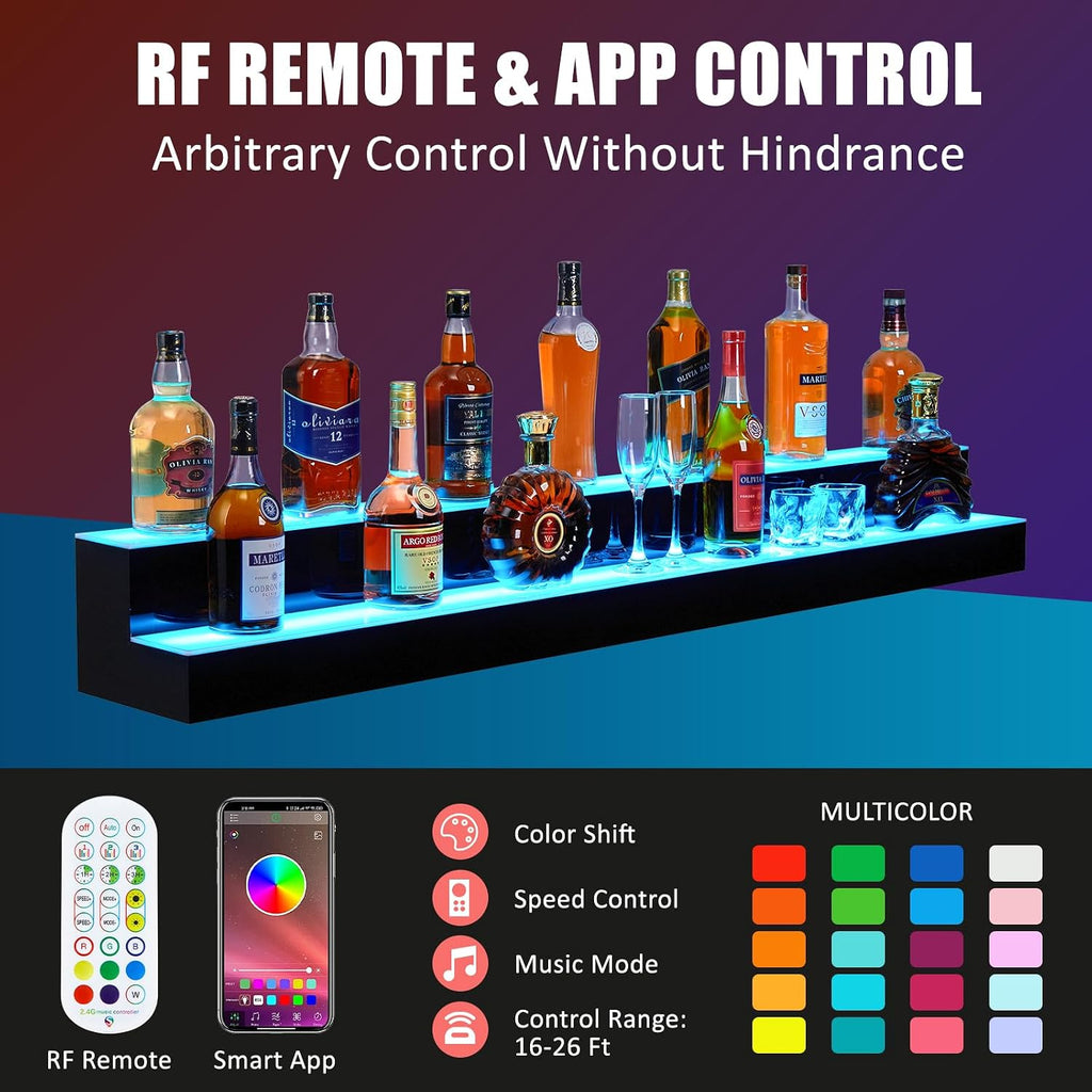60-Inch 2-Tier LED Liquor Bottle Display Shelf with Multicolor Lighting, RF Remote & App Control, Acrylic Bar Shelf Stand for Home Bar, Club, or Restaurant – Illuminated Alcohol Bottle Organizer