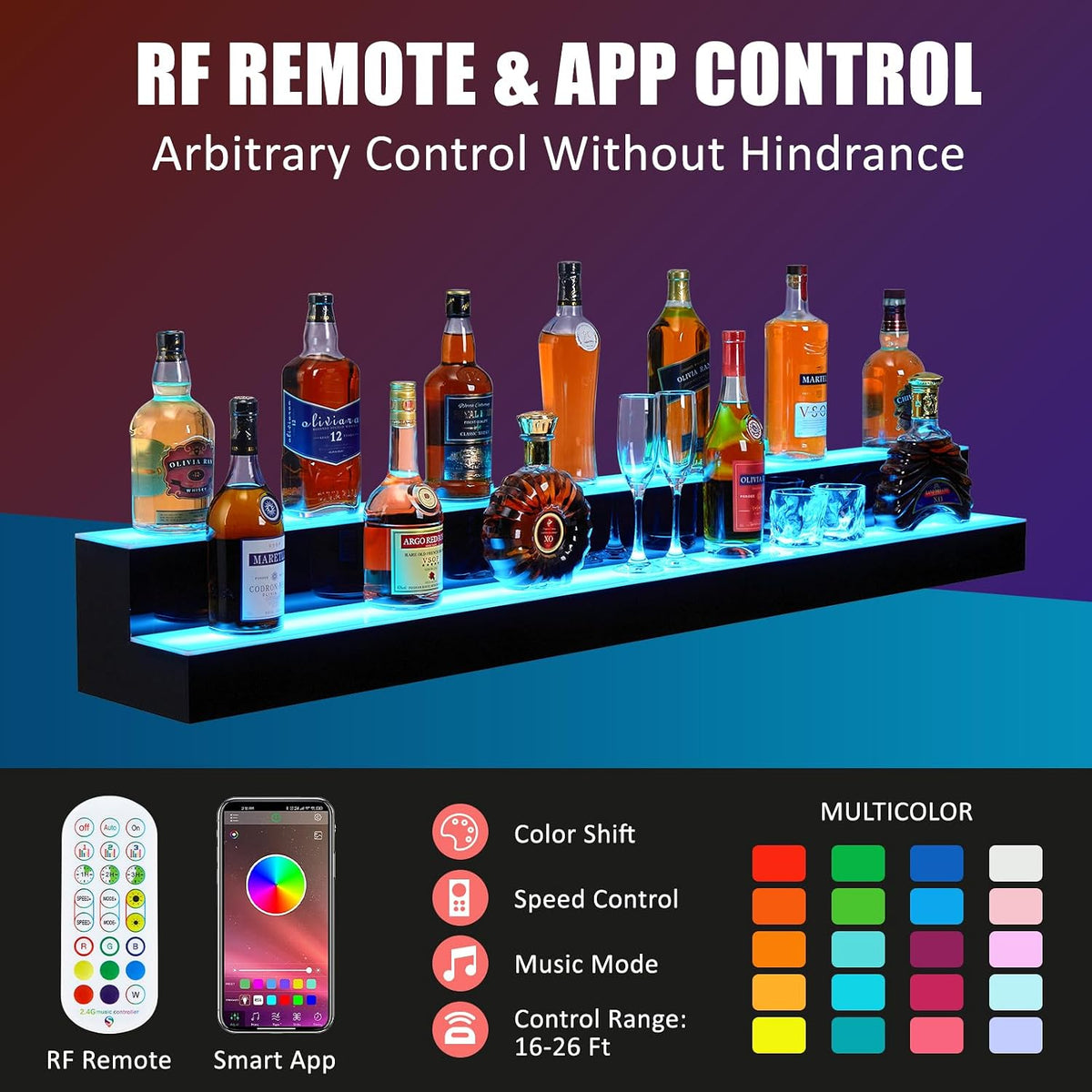 60-Inch 2-Tier LED Liquor Bottle Display Shelf with Multicolor Lighting, RF Remote & App Control, Acrylic Bar Shelf Stand for Home Bar, Club, or Restaurant – Illuminated Alcohol Bottle Organizer