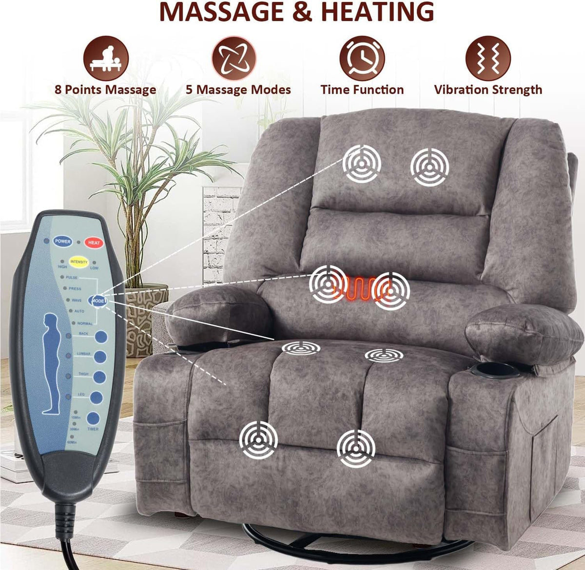 KCQ Oversized Swivel Rocker Recliner Chair with Massage Heat Cup Holders, Overstuffed Fabric Heated Massaging Swivel Glider Chair Rocking Recliner Chair, Grey