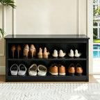 Farmhouse Storage Bench with 2-Tier Open Shelf, Shoe Bench with Cushion for Entryway, Mudroom, Hallway, Living Room & Bedroom Organization, Black
