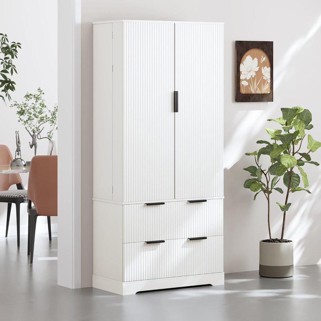 72'' Tall Farmhouse Pantry Cabinet with 2 Drawers and 2 Doors – Grooved MDF Freestanding Storage Cabinet for Kitchen, Bathroom, Entryway, or Dining Room (White)