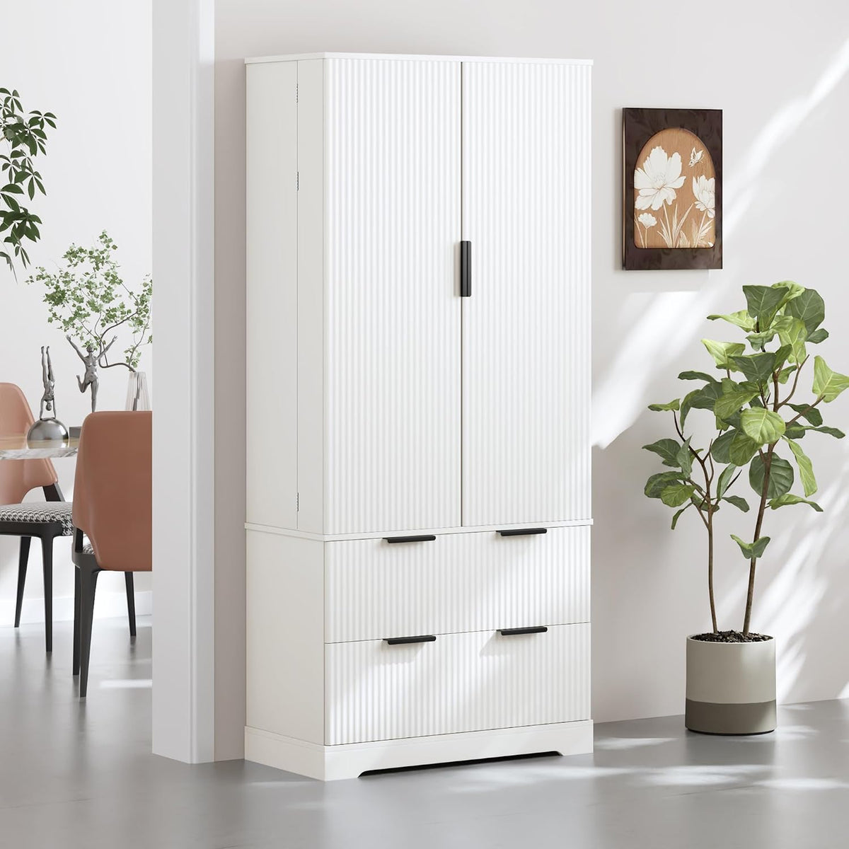 72'' Tall Farmhouse Pantry Cabinet with 2 Drawers and 2 Doors – Grooved MDF Freestanding Storage Cabinet for Kitchen, Bathroom, Entryway, or Dining Room (White)