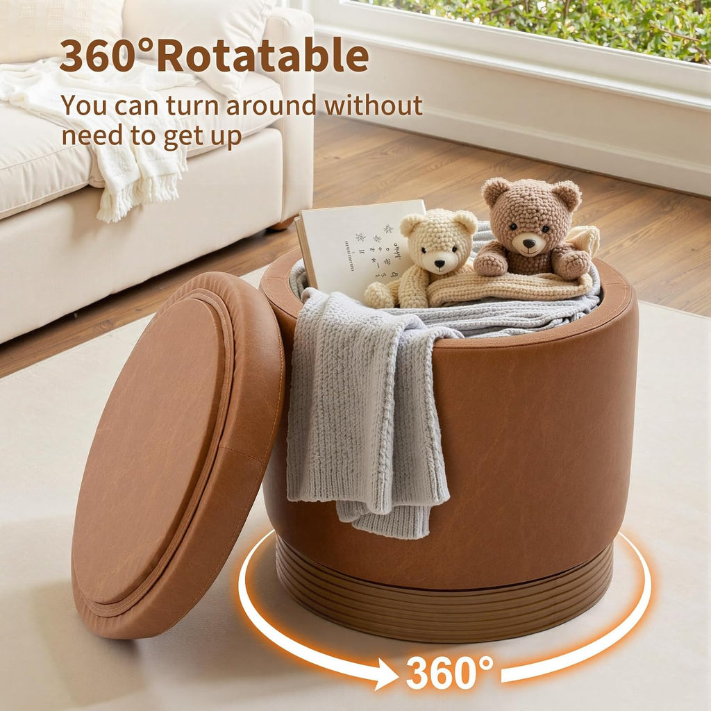 19" Round Swivel Storage Ottoman with Tray Top, Upholstered Faux Leather Foot Stool with Solid Acacia Wood Base 500 lbs Modern Accent Footrest for Living Room & Bedroom Fully Assembled Brown