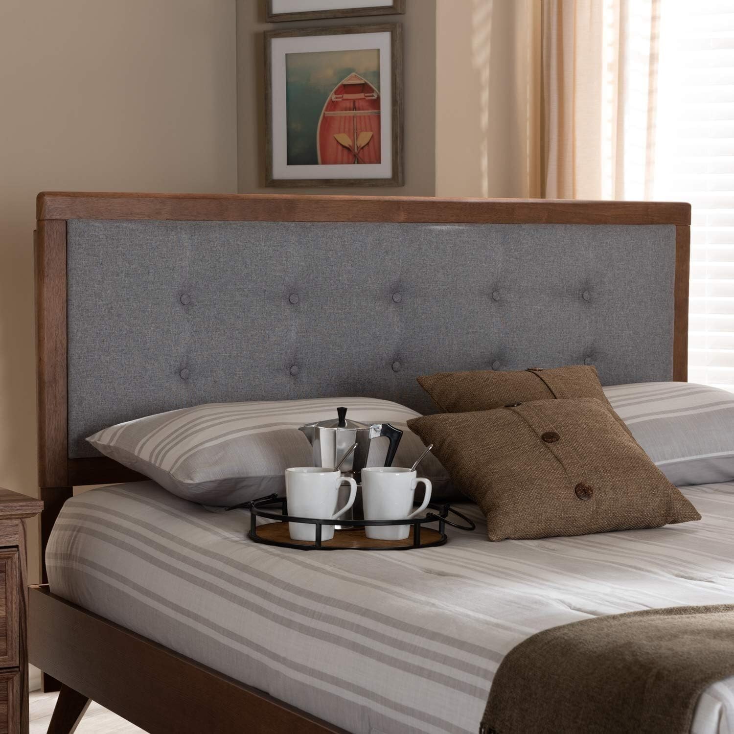 HomeStock Upholstered Headboard, Walnut Brown, Wall Mount, Mid-Century Modern Style Queen/Light Gray