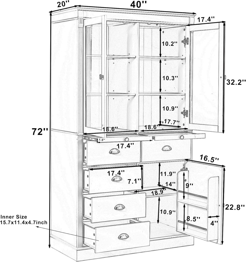 roomfitters 72" Kitchen Pantry Organizers and Storage Kitchen Cabinet, Storage Hutch with Glass Doors, 5 Drawers, White