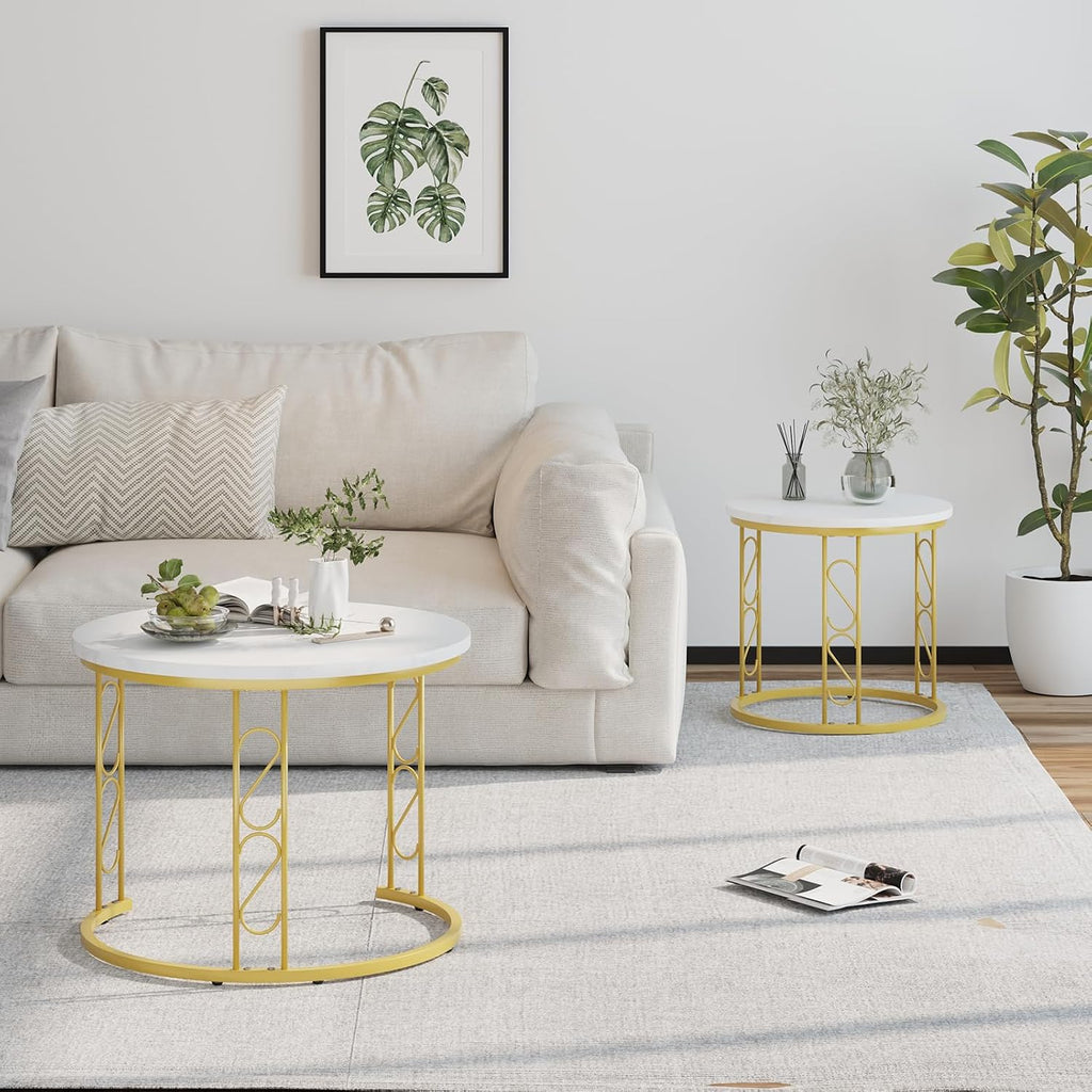 Garden 4 you Coffee Table Faux Marble Nesting Table for Small Place 2 Sets Modern Furniture Living Room Sets End Side Table Night Stand for Bed Room Dining Room (White & Gold)