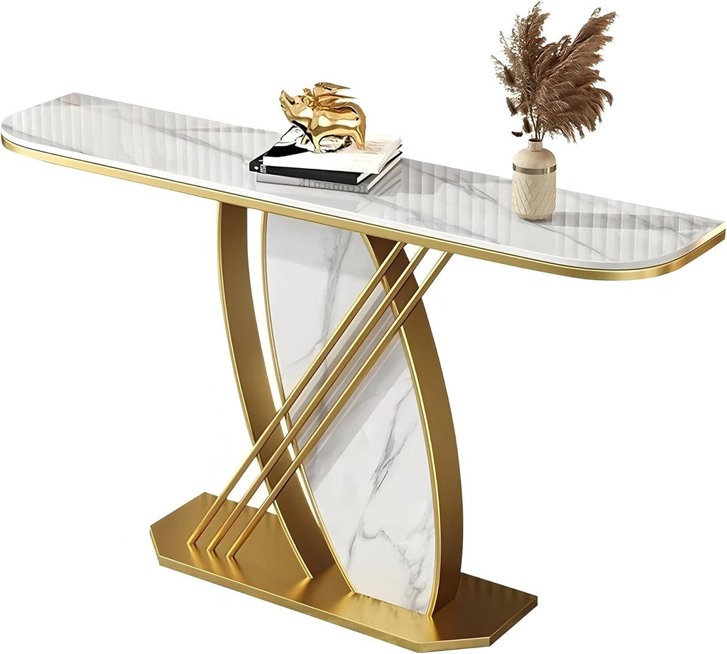 Zfmnoyev Entryway Table Console Hallway Table | Living Room Sofa Table with Rock Top and Metal Base, Modern Narrow Accent Table(Gold-A,100x30x80cm)