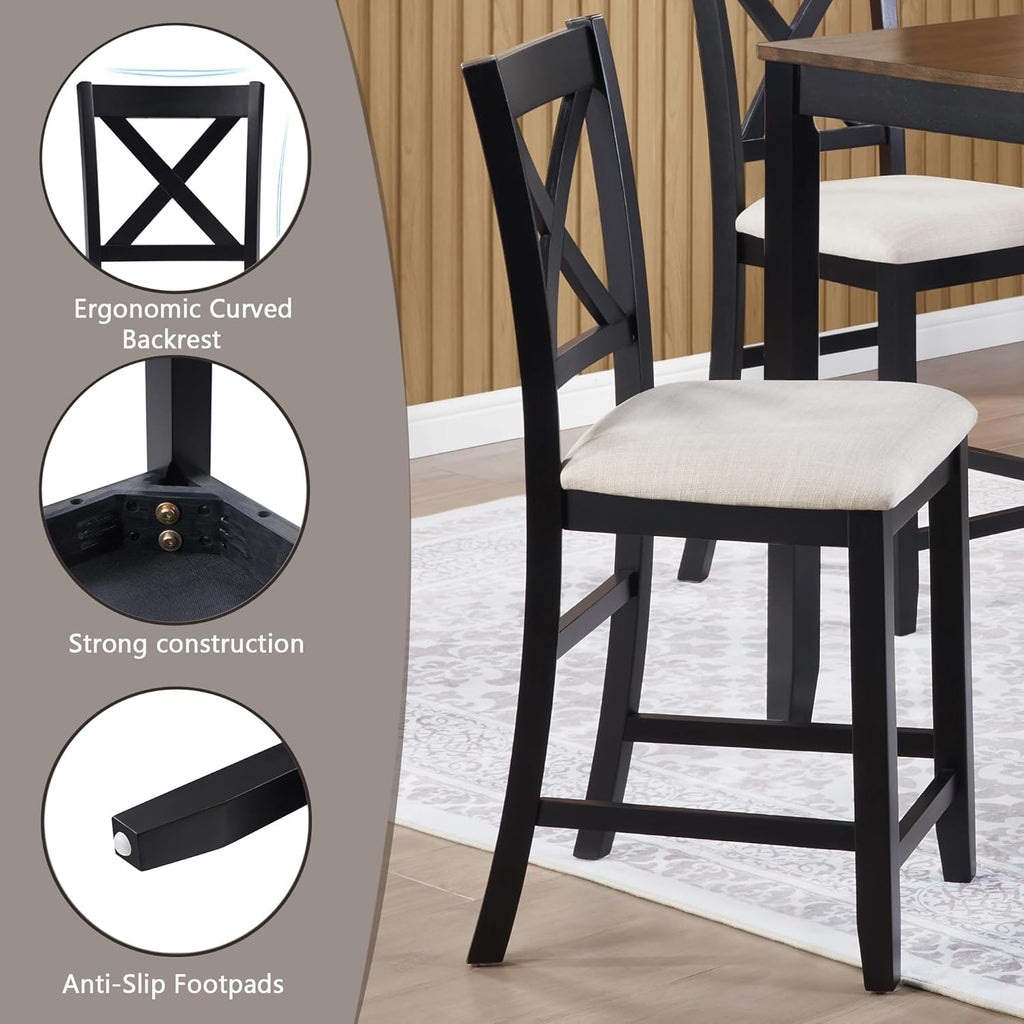 KEIKI 5-Piece Standard Height Dining Table Set with Square Table and 4 X-Shaped Backrest Upholstered Chair, for 4 Person, Modern Wooden Table Set, Easy Assembly, for Kitchen, Dining Room, Black+Oak