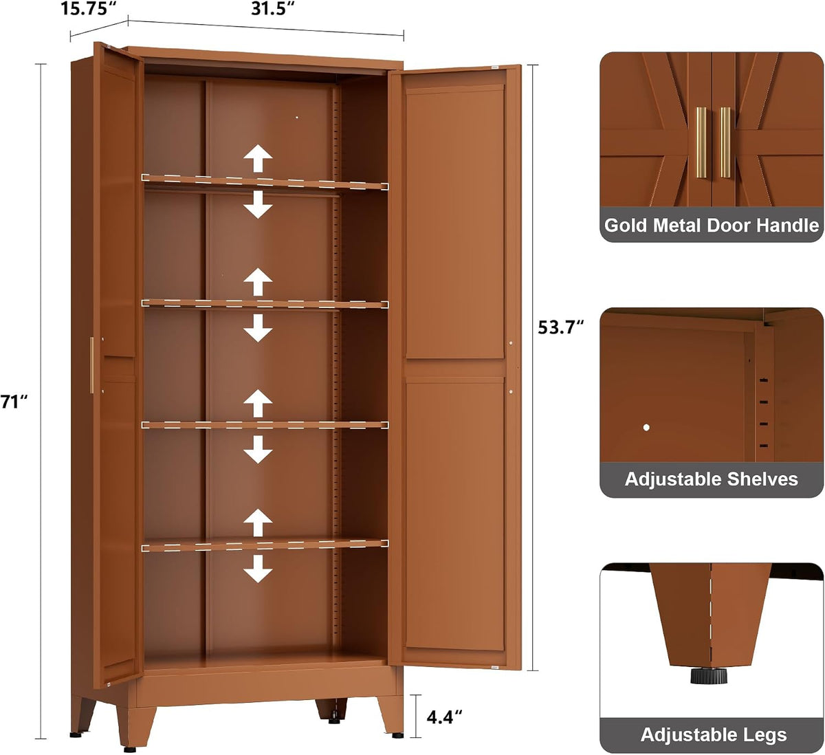 LCAOPC 71" Tall Metal Storage Cabinet with 2 Doors and 4 Adjustable Shelves, 5-Tier Kitchen Pantry Storage Cabinet for Kitchen, Living Room, Dining Room and Office, Brown