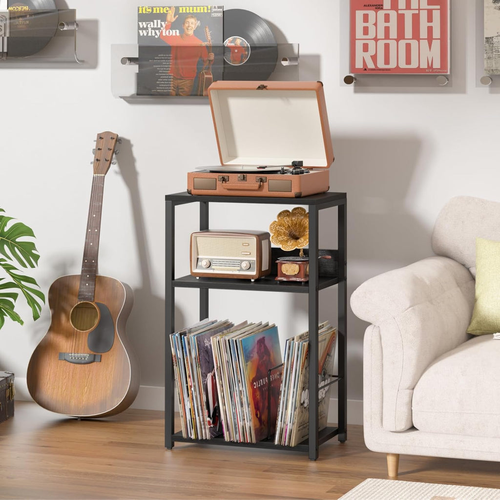 LELELINKY Record Player Stand Set of 2, 3-Tier End Side Table with Vinyl Record Storage, Vinyl Record Holder Up to 120 Albums, Turntable Stand with Vinyls Storage for Music Living Room