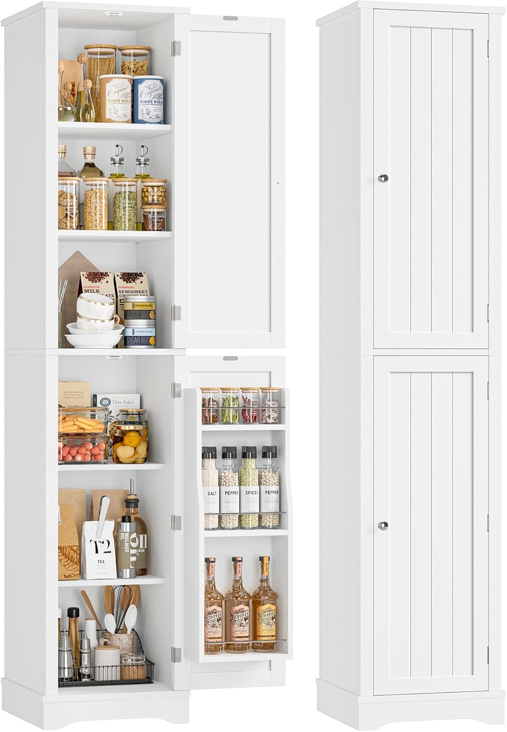 HIFIT 2 Set 71" Tall Narrow Storage Cabinet with 2 Reversible Doors, Small Kitchen Pantry Cabinet with Adjustable Shelves & Spice Rack, Slim Storage Cabinets for Bathroom, Living Room, Entryway, White