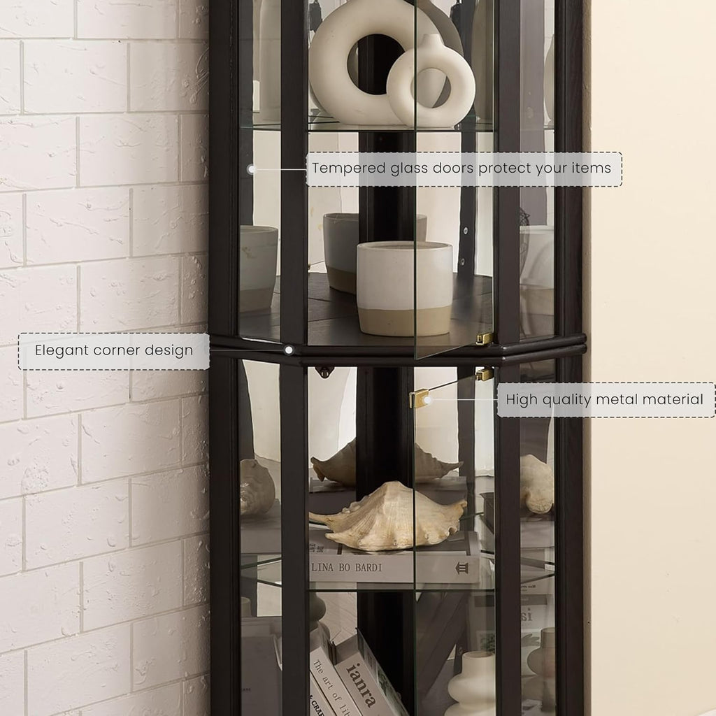 Corner Curio Cabinet, 70" H Lighted Glass Display Cage with Tempered Glass Doors and 5 Adjustable Shelves, Light Bulb Inclued, Wine Bar China Cabinet for Living Room (Black)