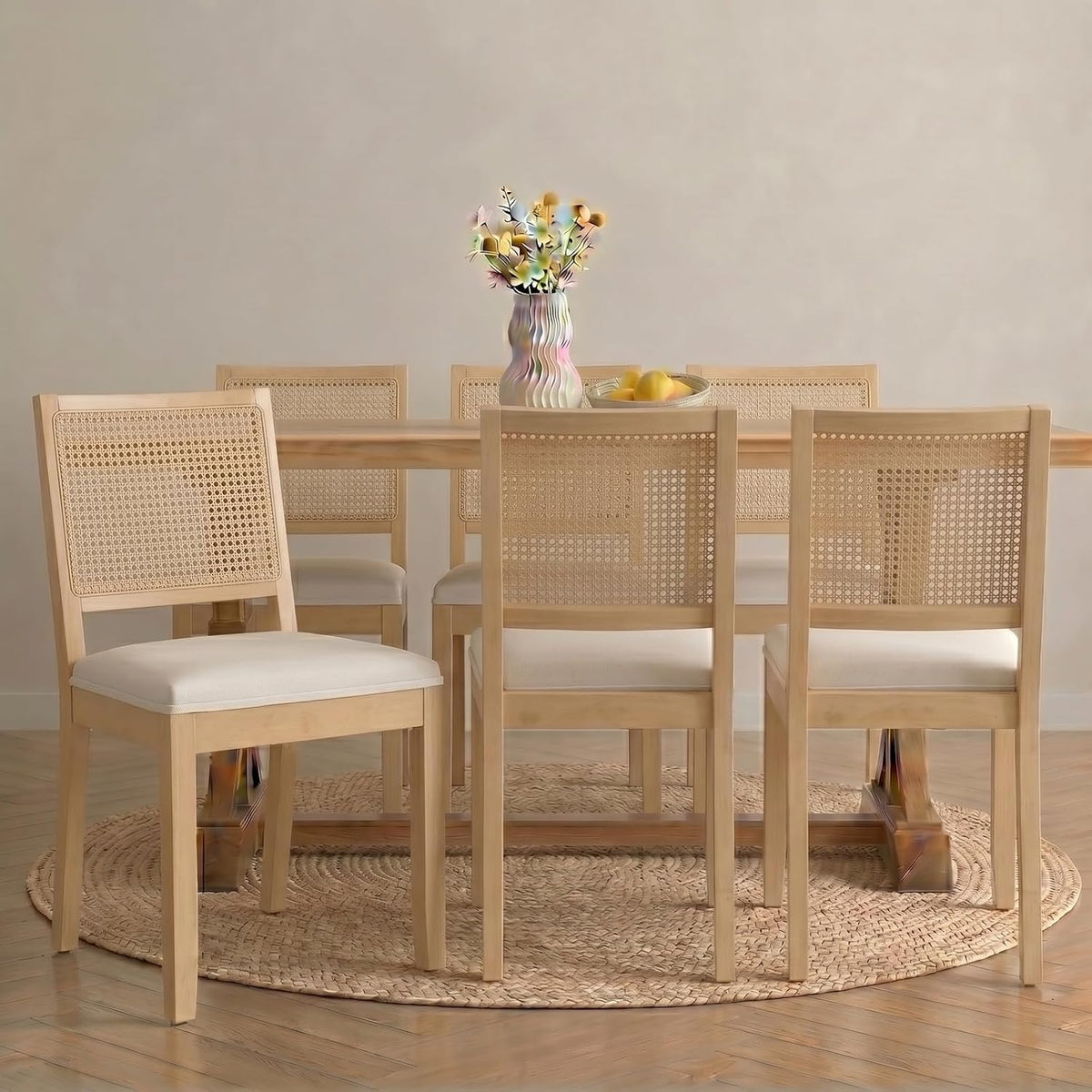 Vintage French Country Dining Chairs Set of 6, Rattan Dining Chairs with a Low Square Back, Beige Upholstered Dining Chair, Sillas para Comedor, Kitchen & Dining Room Chair (Beige, 6Pcs)