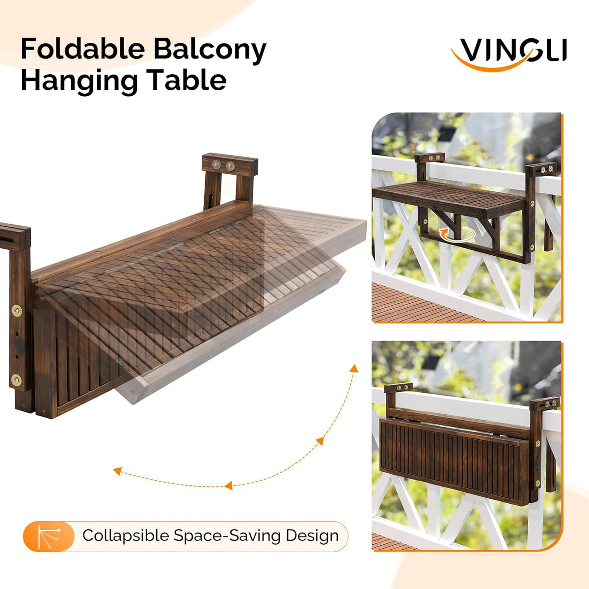 VINGLI 48in Acacia Wood Folding Balcony Hanging Table – Adjustable Height & Width, Balcony Railing Table Ideal for Different Railing Widths, Perfect for Balcony, Patio, Rectangular,Carbonized Color