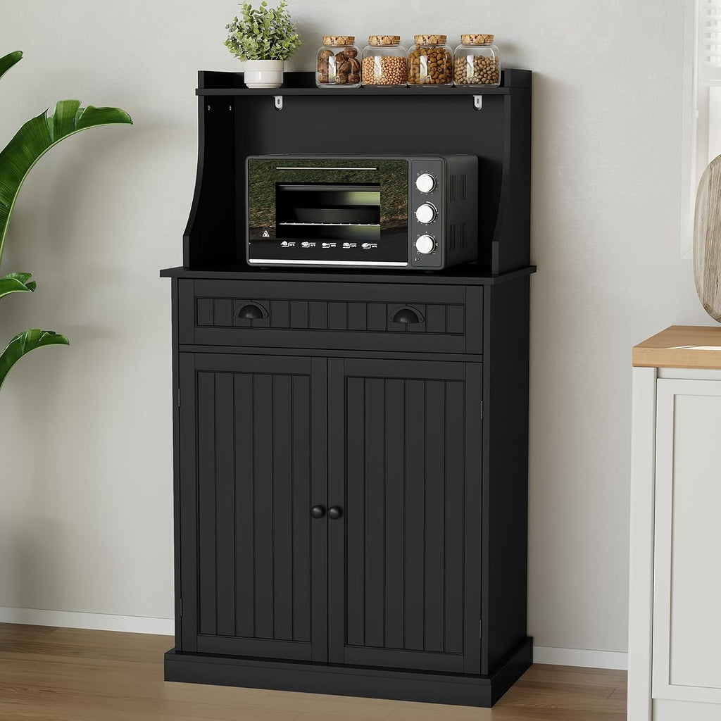 HOLTICO 54" Microwave Storage Cabinet with Doors, Black | Freestanding Kitchen Pantry with Drawer, Coffee Bar Station with Cable Management