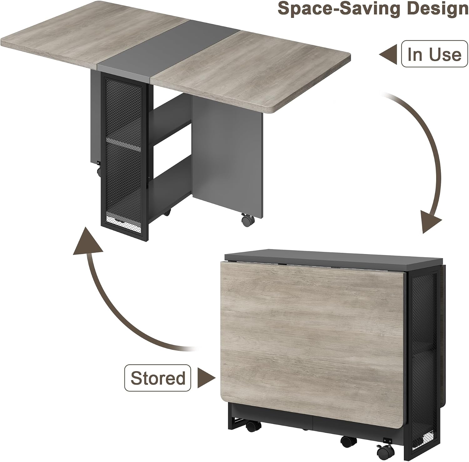 IDEALHOUSE FoldingTable, Drop Leaf Dining Table with 6 Wheels and 2-Layer Storage Shelf, Space Saving Table for Small Spaces (Slate Oak, 50.1" D x 31.4" W x 29.5" H)