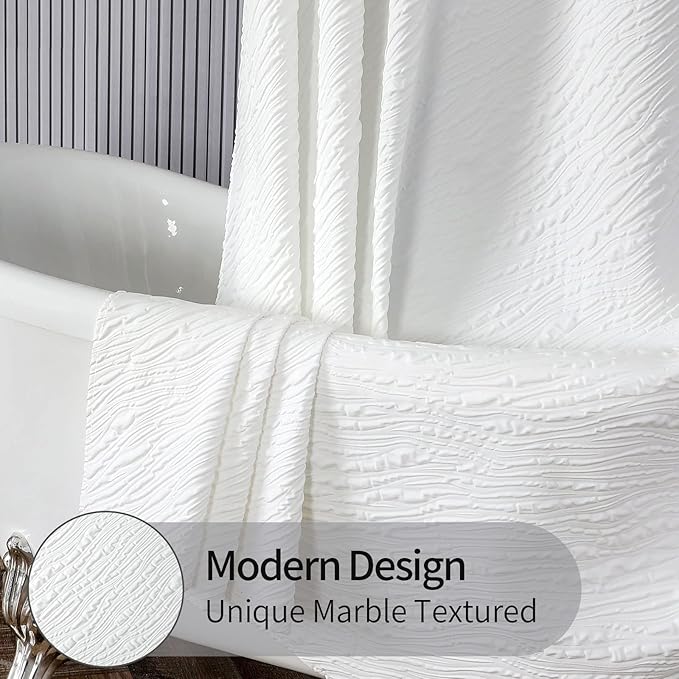 MitoVilla Extra Long Shower Curtain 72 x 84, Farmhouse Fabric White XL Shower Curtains for Bathroom Decor, Modern Luxury Cloth Shower Curtain, 3D Marble Textured