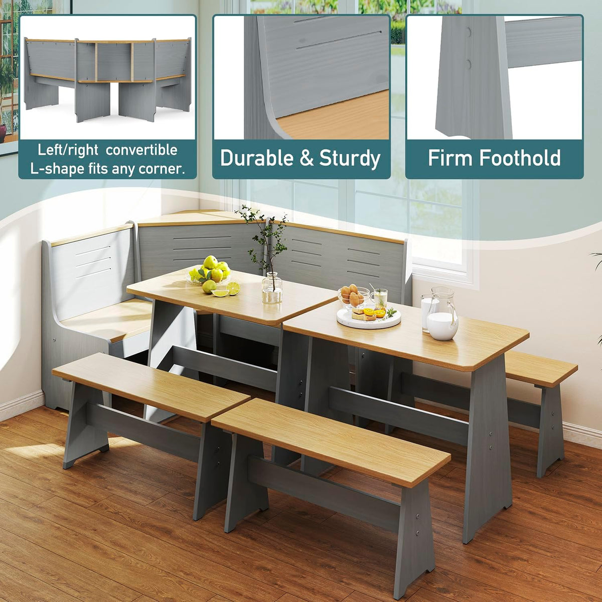 Breakfast Nook Kitchen Corner Dining Table with Bench Chair Set, Space-Saving 3-5 Seat L-Shape Set and 3-Piece Kitchen Nook Set for Family Home Grey Wood