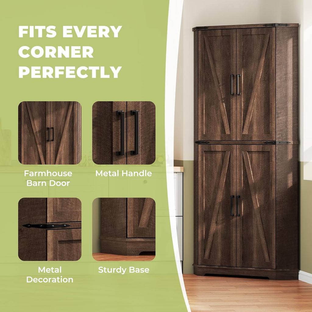 Dripex 71" Corner Cabinet Brown, Farmhouse Kitchen Pantry Cabinet with Doors Storage & Adjustable Shelves, Tall Corner Storage Cabinet with LED Light, Food Pantry for Living Room, Dining Room