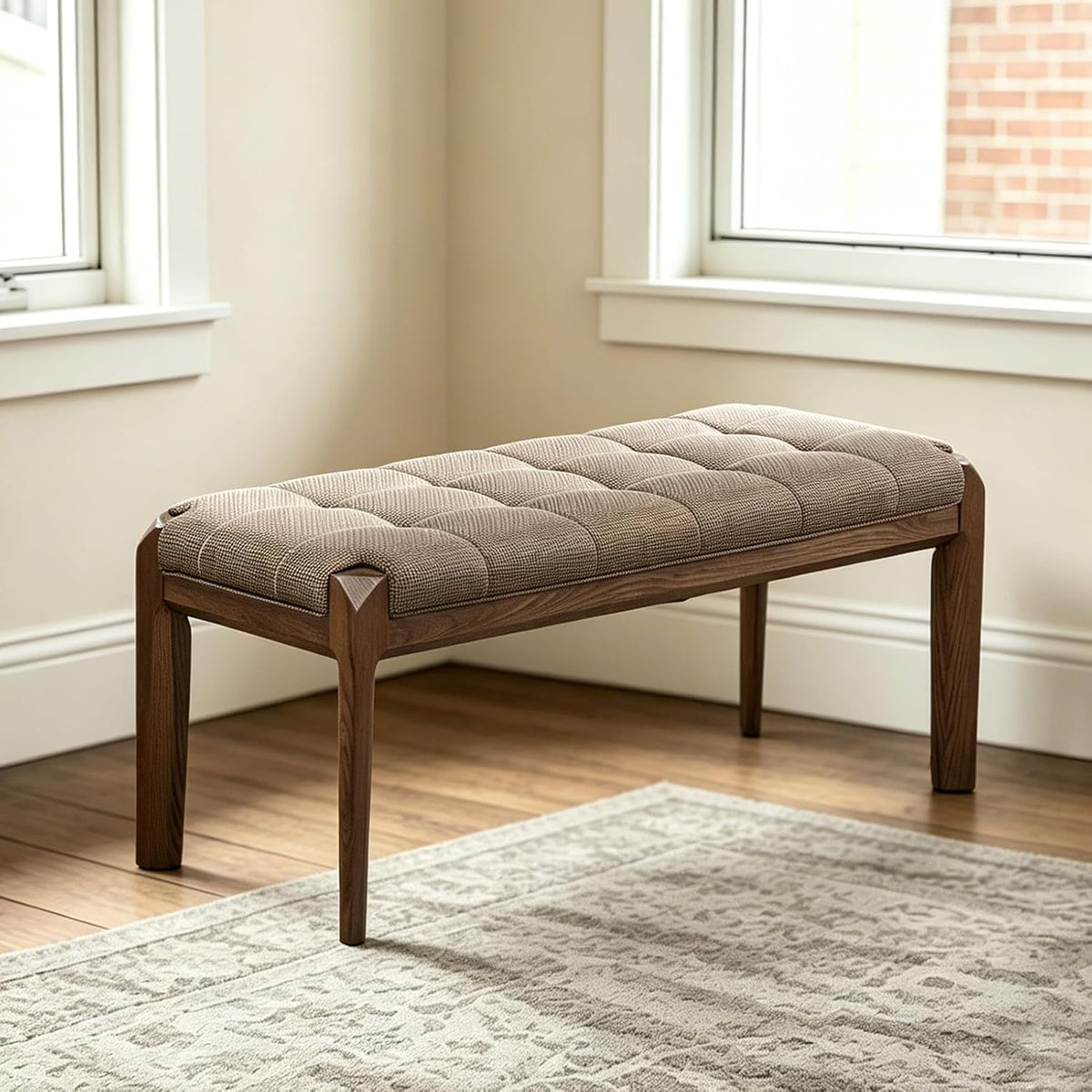 Lartis Solid Wood Dining Bench, Grid Quilted Button Tufted Cotton Linen Upholstered Bench, Angular Tapered Wooden Legs, Padded End of Bed & Entryway Bench, Easy Leg Assembly