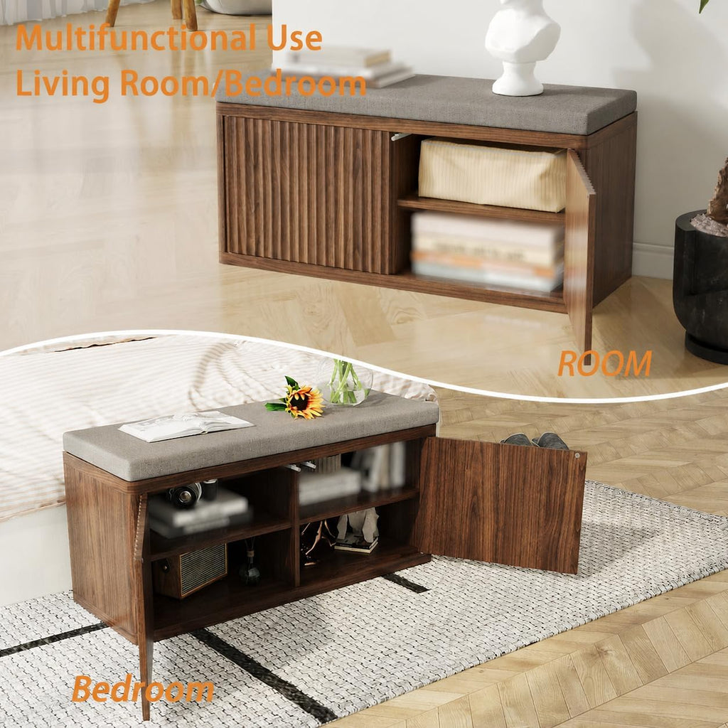 Entryway Shoe Storage Bench with 2" Cushion, 37.4" Small Bench with Shoe Rack, Cabinet Organizer for Hallway, Bedroom End of Bed (Walnut)