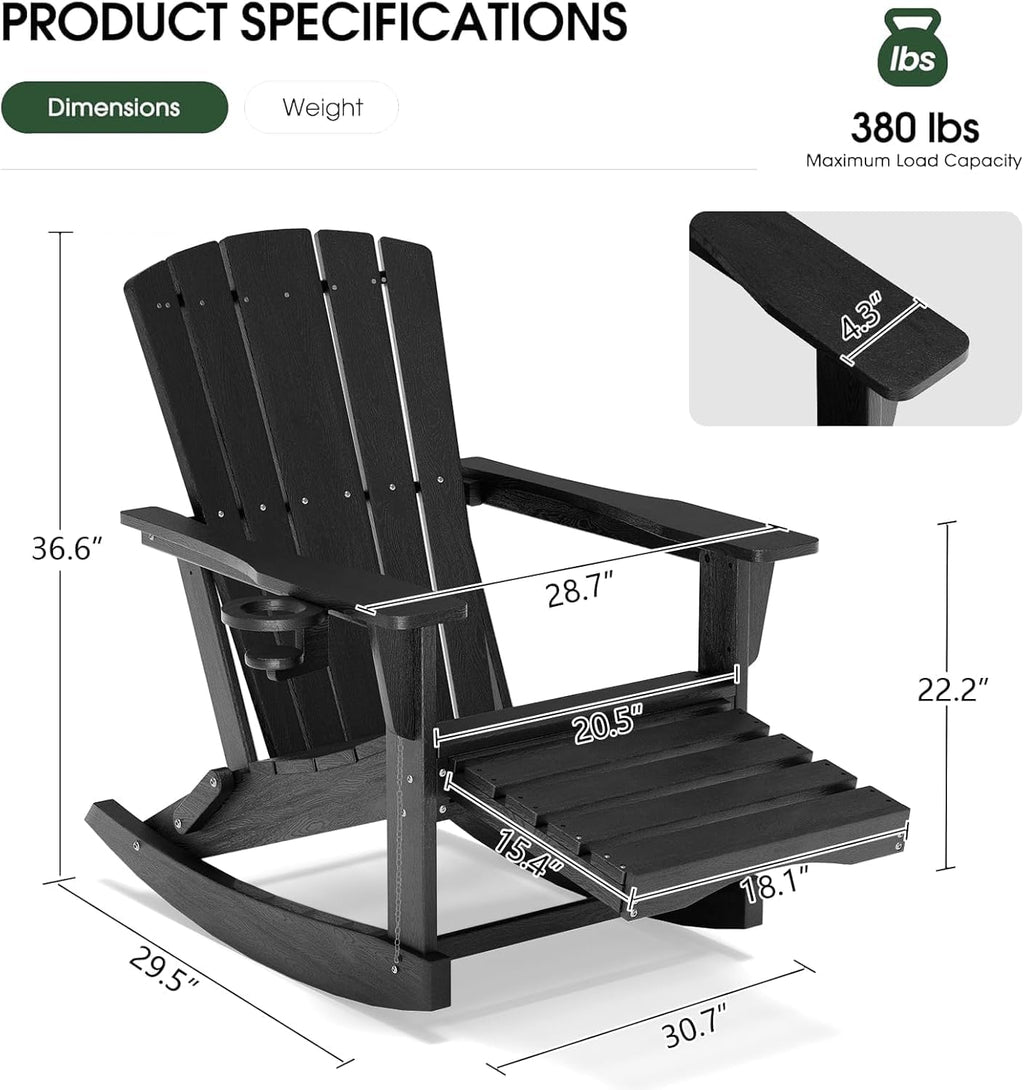Adirondack Rocking Chair with Retractable Ottoman Set of 2,Outdoor Folding Adirondack Chair with Cup Holder,HDPE All-Weather Patio Lounge Chair for Porch,Lawn, Poolside, Black
