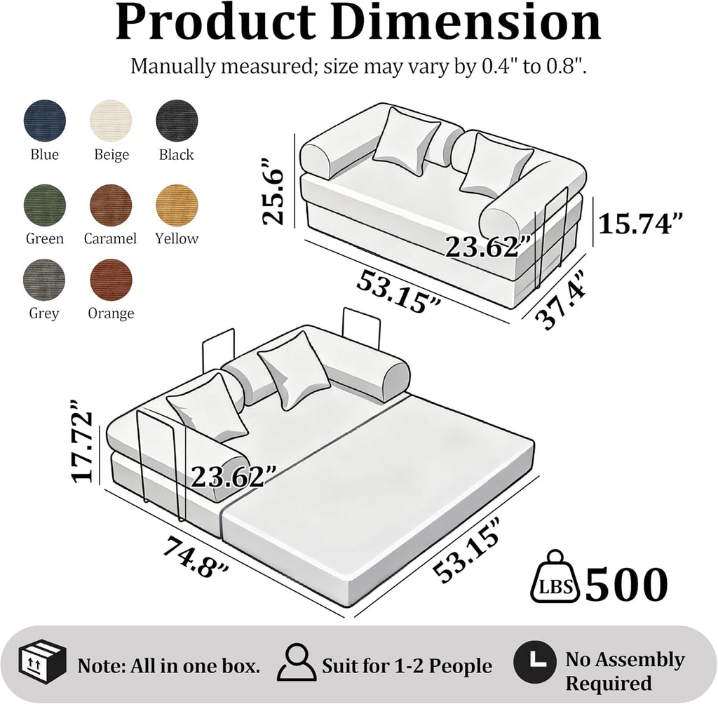 53.15'' Convertible Compressed Corduroy Folding Cloud Sofa Bed, Modern Pull Out Loveseat Sleeper in a Box, 4 in 1 Floor Mattress Futon Cloud Couch, No Assembly Needed, Orange, Pillows, Full