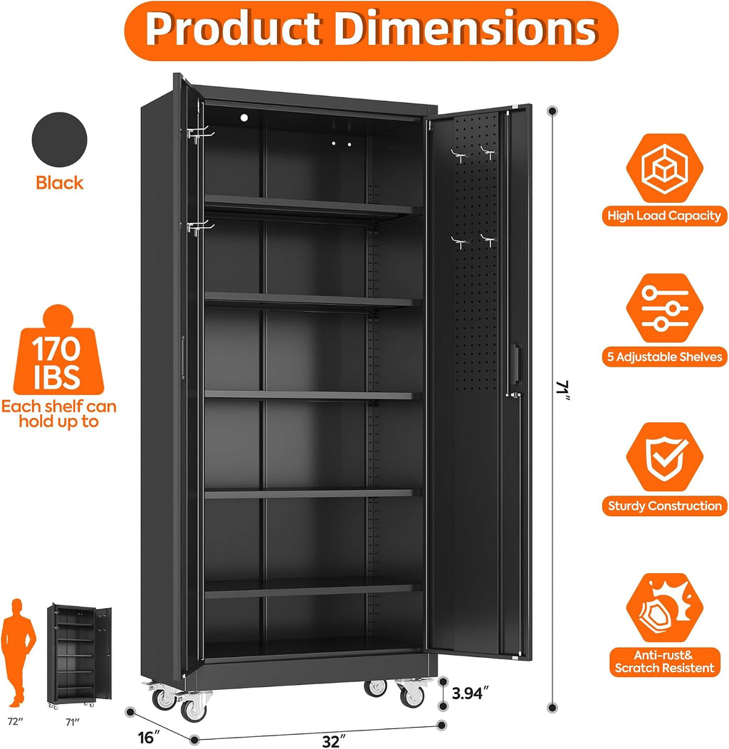Aobabo Metal Storage Cabinet with Wheels and Door Pegboard | Garage and business storage for tools and office supplies; 5 adjustable shelves, lockable black cabinet, 16"D x 32"W x 71"H