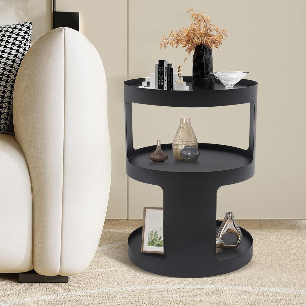 2-Layer Modern Side Table Round End Tables, Black Metal Nightstand Accent Table,Small Bed Side Table for Living Room Bedroom Indoor Outdoor Entryway Decoration