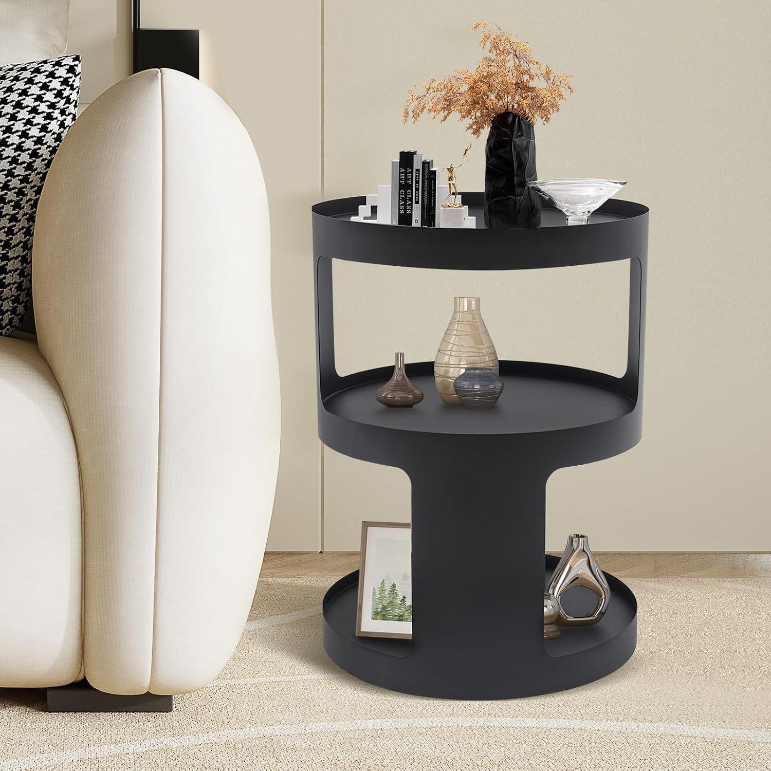 2-Layer Modern Side Table Round End Tables, Black Metal Nightstand Accent Table,Small Bed Side Table for Living Room Bedroom Indoor Outdoor Entryway Decoration