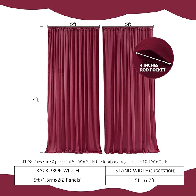 2 Panels Burgundy Backdrop Curtain, 10 x 7 Feet Background Curtains for Parties, Weddings, Baby Showers, Bachelorette Halloween, Christmas Birthday Party Photoshoot Backdrop Curtains Decorations