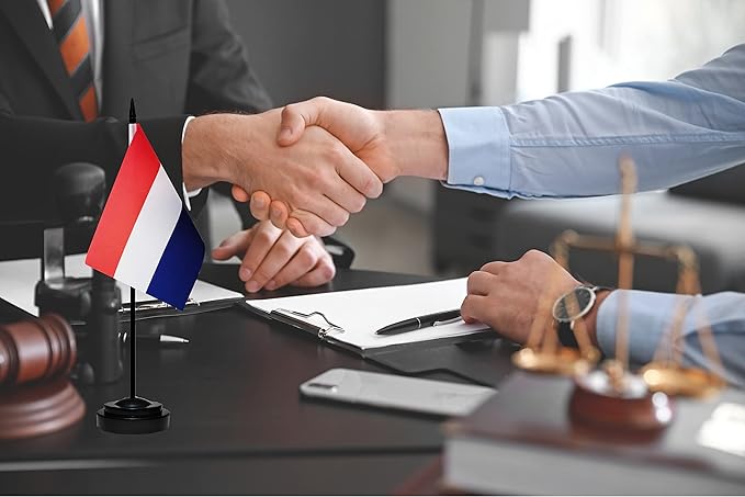 Netherlands Dutch Deluxe Desk Flag Set, Small Mini Miniature Netherlands Dutch Table Desktop Flags With Solid Pole, Black Base and Spear Top(2 Pack)