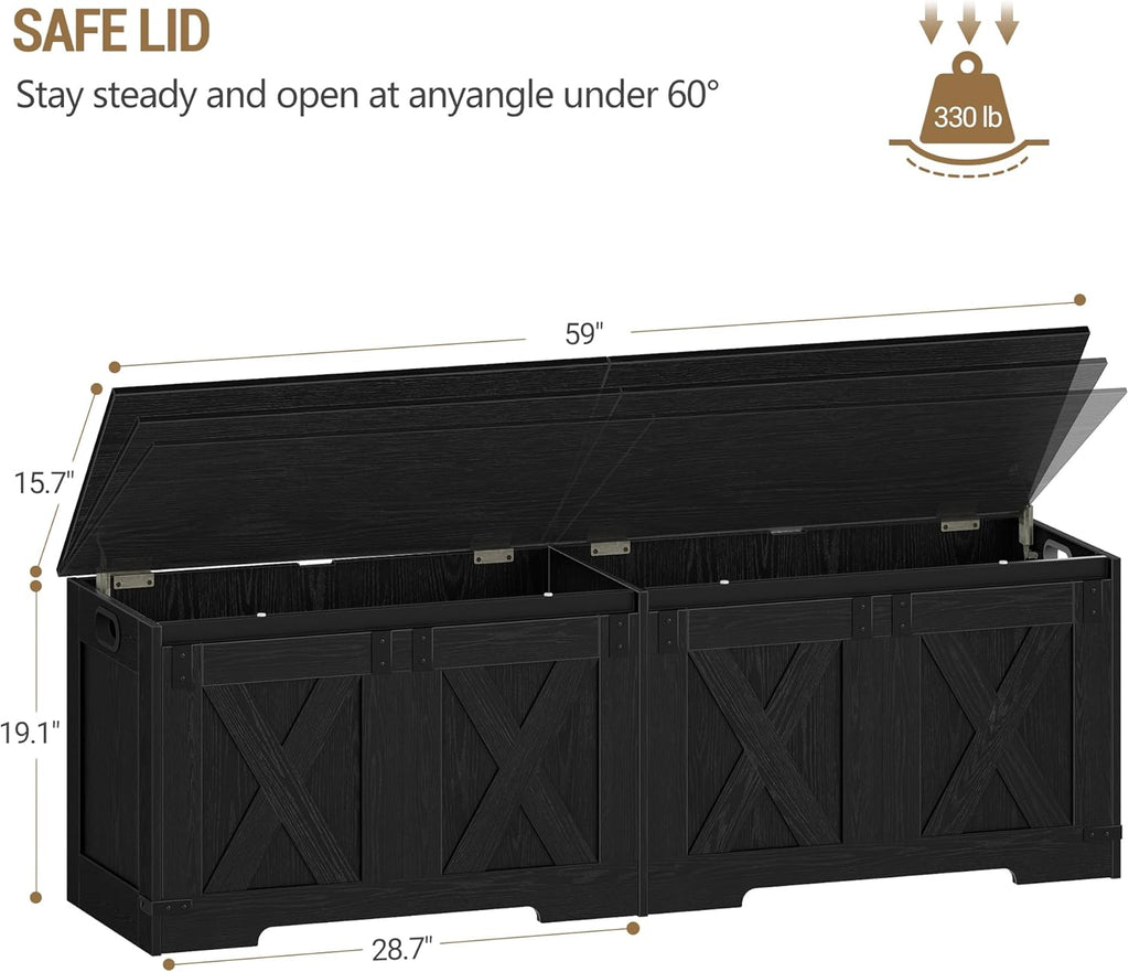 Hzuaneri 59" Storage Chest, Large Storage Trunk with 2 Hinges, Farmhouse Wooden Box Bench, Lift-Top Organizer Chest, Entryway Trunk for Bedroom, Living Room, Black SB15004X