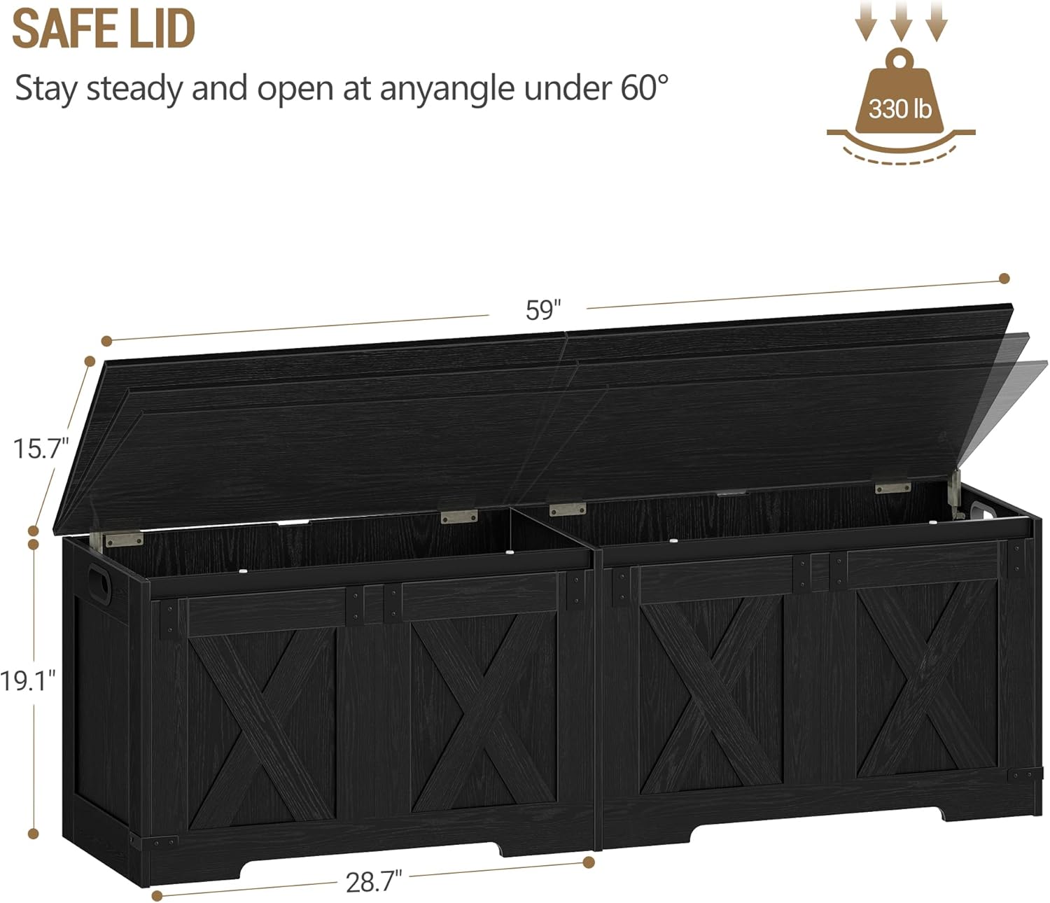 Hzuaneri 59" Storage Chest, Large Storage Trunk with 2 Hinges, Farmhouse Wooden Box Bench, Lift-Top Organizer Chest, Entryway Trunk for Bedroom, Living Room, Black SB15004X
