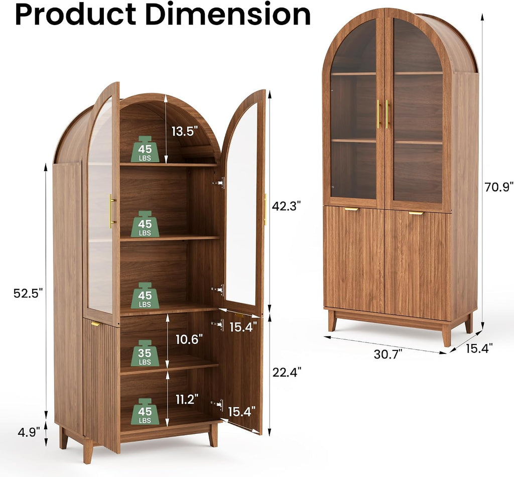 71" Tall Arched Pantry Cabinet, Kitchen Pantry with Glass Doors & Fluted Doors, Wood Storage Cabinet with Adjustable Shelf, Versatile Cupboard for Kitchen, Living Room,Walnut