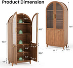 71" Tall Arched Pantry Cabinet, Kitchen Pantry with Glass Doors & Fluted Doors, Wood Storage Cabinet with Adjustable Shelf, Versatile Cupboard for Kitchen, Living Room,Walnut