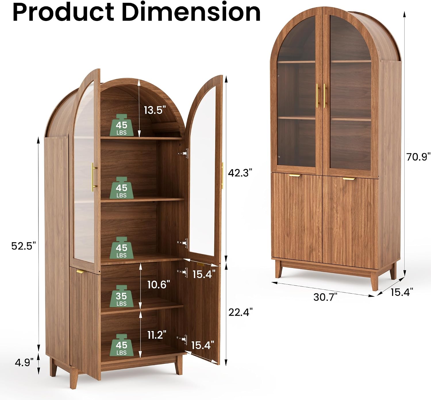 71" Tall Arched Pantry Cabinet, Kitchen Pantry with Glass Doors & Fluted Doors, Wood Storage Cabinet with Adjustable Shelf, Versatile Cupboard for Kitchen, Living Room,Walnut